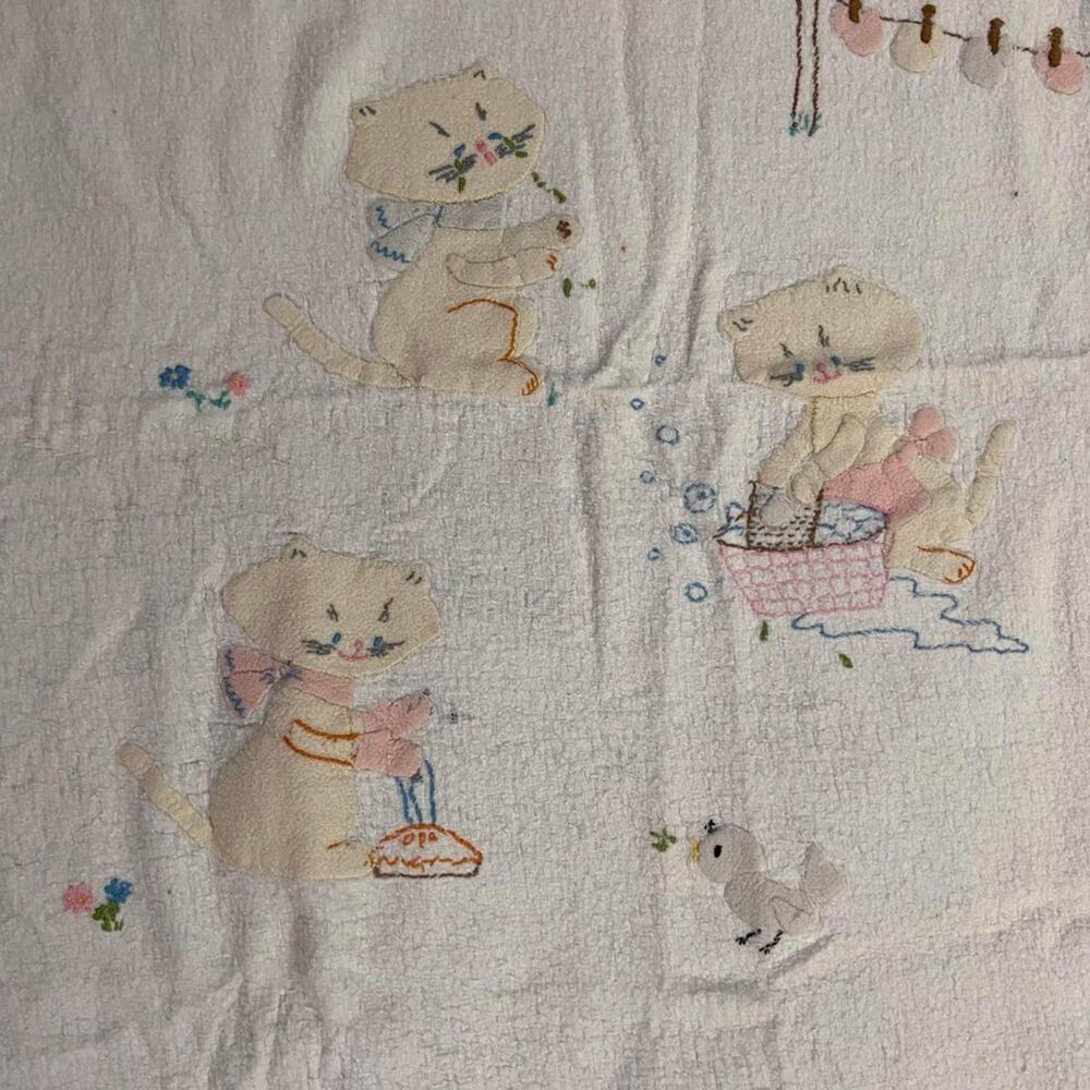1970s Vintage Baby Blanket – Handmade White Cotton w/ Kitty & Bird Motif